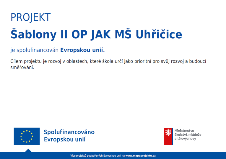 Plakát k projektu Šablony II OP JAK MŠ Uhřičice. Spolufinancováno Evropskou unií.